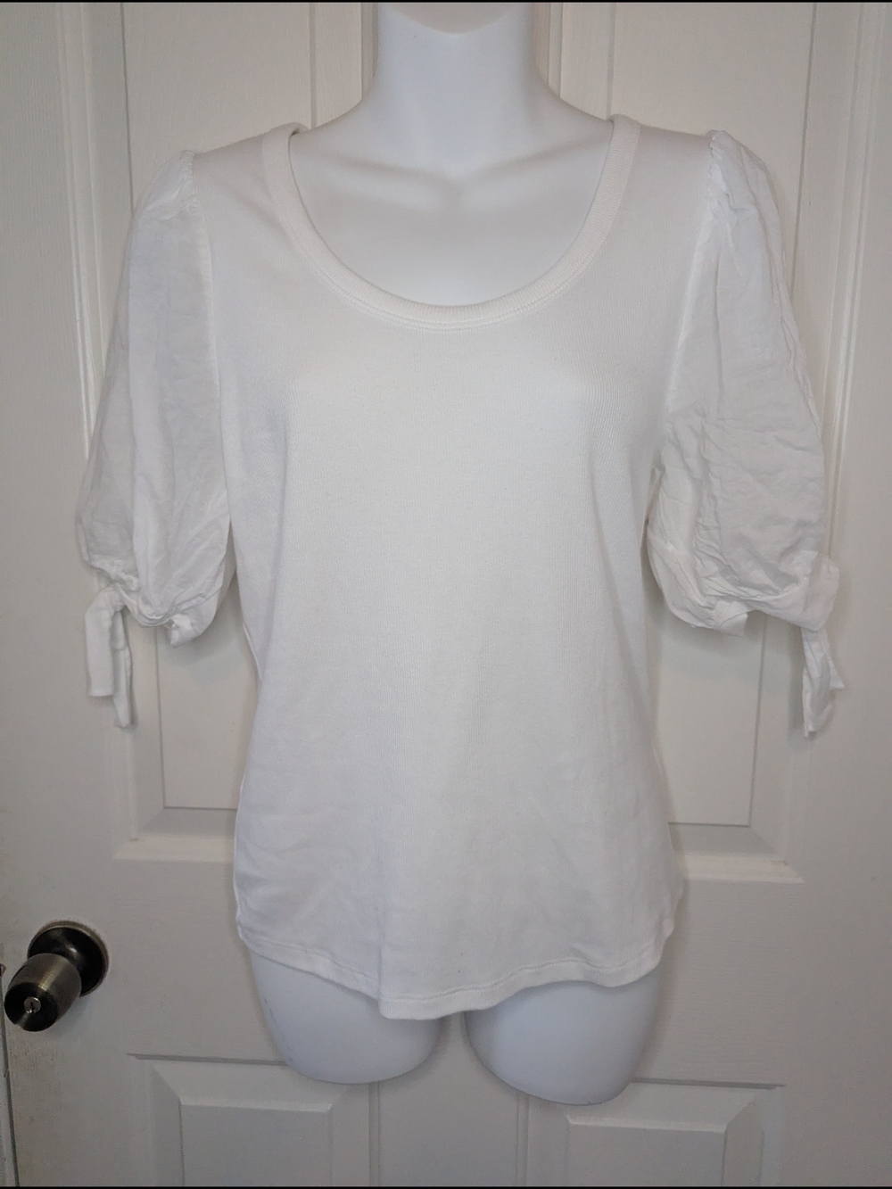 GAP Womens Puff Tie Sleeve T-Shirt White Ribbed Mixed Media Knit Scoop Neck M